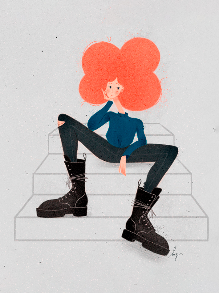 Fashion illustration of a woman with big boots. By Meg Chikhani