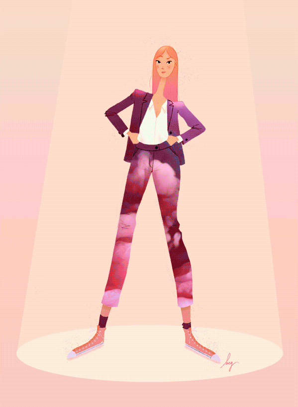 Character design of a woman with a colorful suit. Her outfit is animated with different patterns. By Meg Chikhani