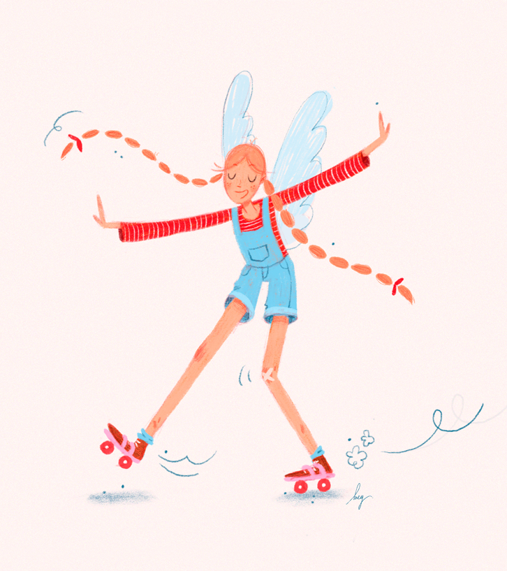 Character design of a little girl on roller skates. She is so cool. By Meg Chikhani