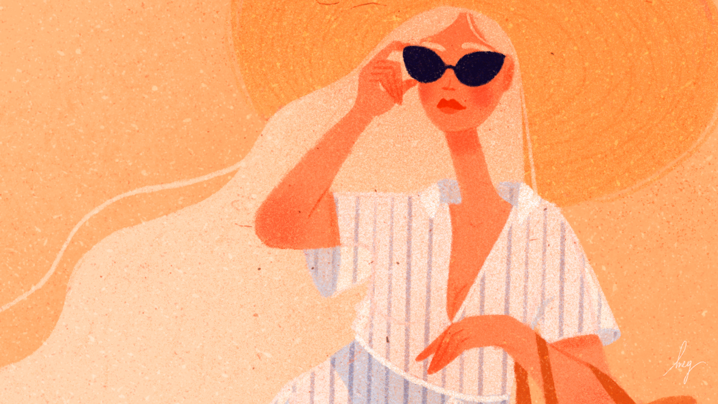 Fashion illustration of a woman in her summer outfits. She seems so proud of her sunglasses. By Meg Chikhani