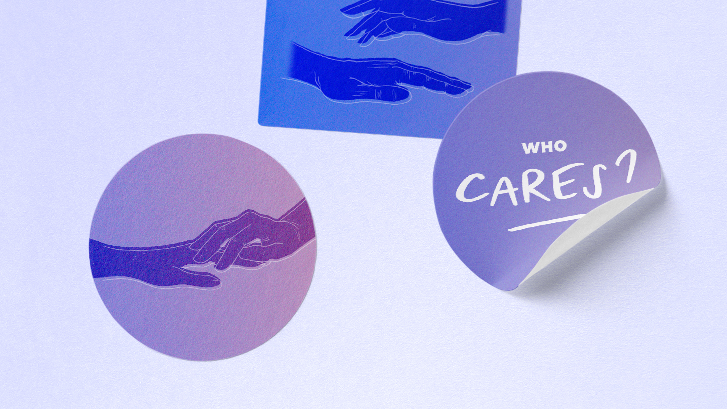 Communication visuelle du podcast suisse "Who Cares" sur les soins infirmiers. Graphisme et illustration par Meg Chikhani