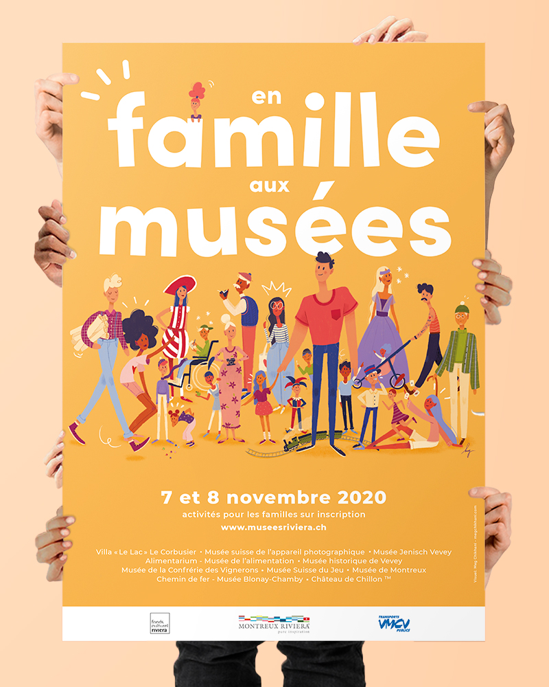 Affiche pour "En famille aux musées 2020", un évènement organisé par l'association des musées de la Riviera vaudoise, en Suisse. Graphisme et illustration par Meg Chikhani