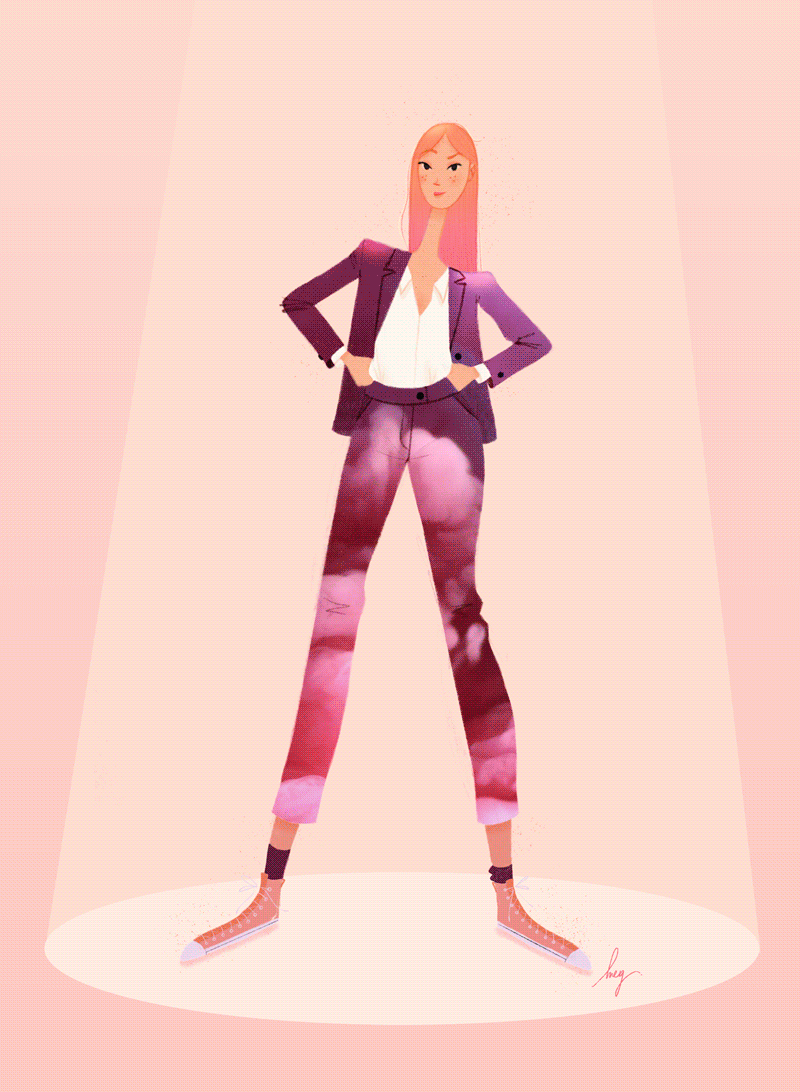 Fashion illustration of a woman with a suit. Her outfit is animated with different patterns. By Meg Chikhani