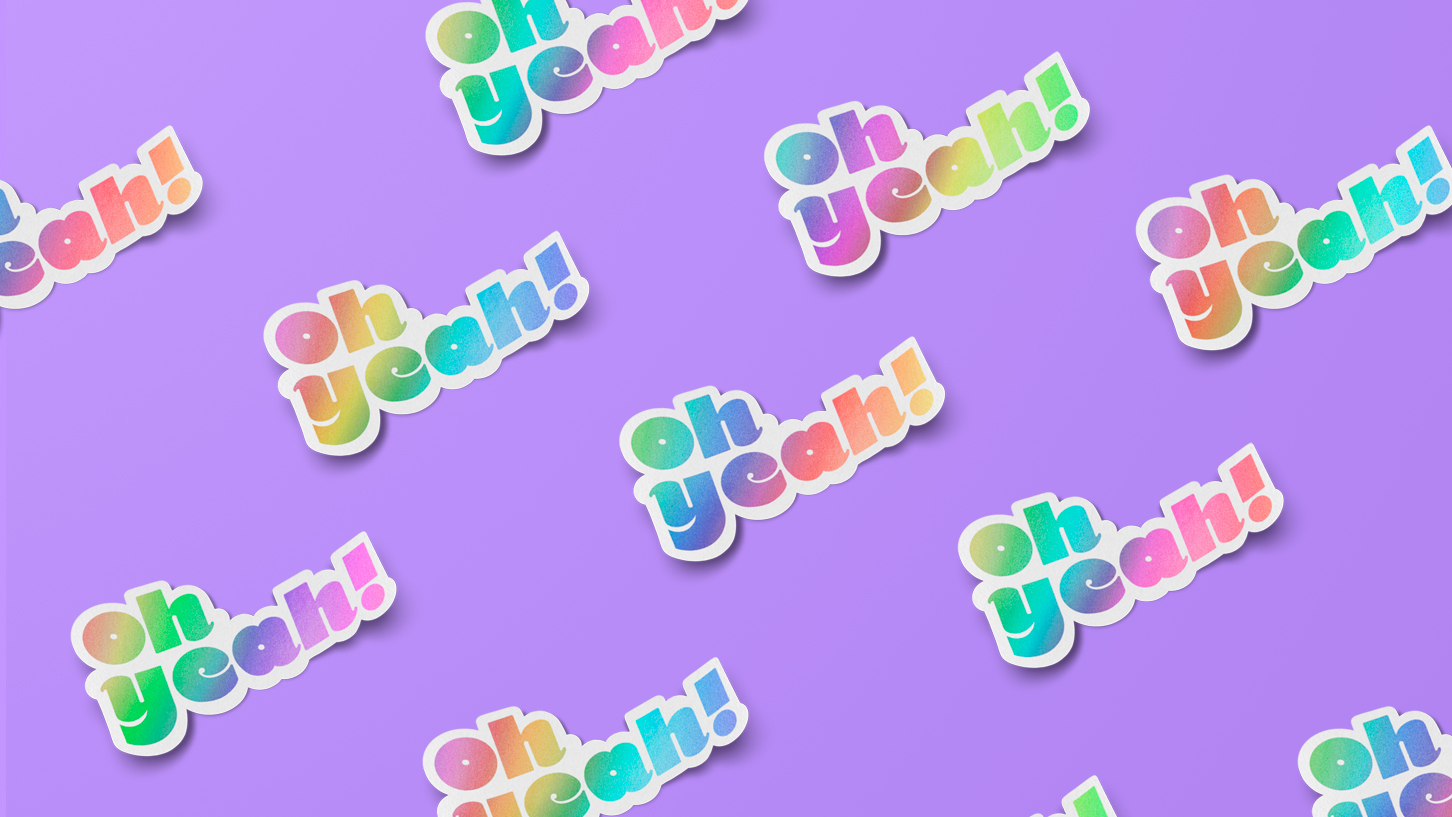 Hand lettering logo "oh yeah" in a pattern of stickers. By Meg Chikhani