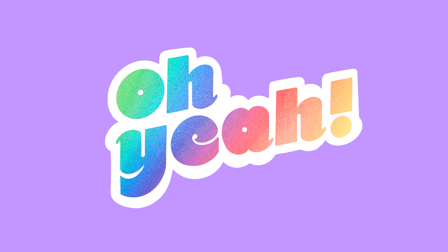 Hand lettering logo "oh yeah" with a holographic effect. By Meg Chikhani