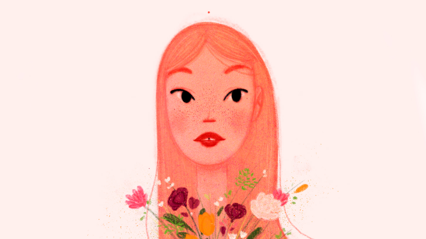 Character design of the surrealist illustration "Hay fever". The woman has red hair and smells a bouquet of flowers. By Meg Chikhani