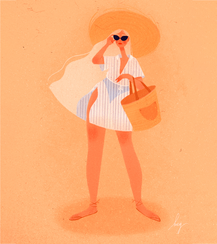Character design of a very proud woman in her summer dress. She wears a big and extravagant straw hat. By Meg Chikhani