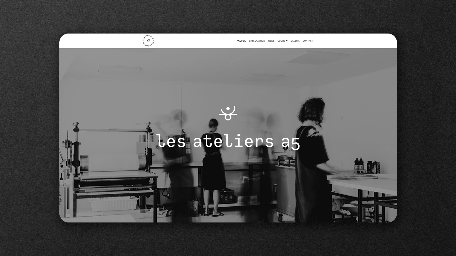 Le site web des ateliers a5 (Vevey, Suisse). Il met en valeur l'ambiance du lieu et une galerie de réalisations des artistes. Par Meg Chikhani
