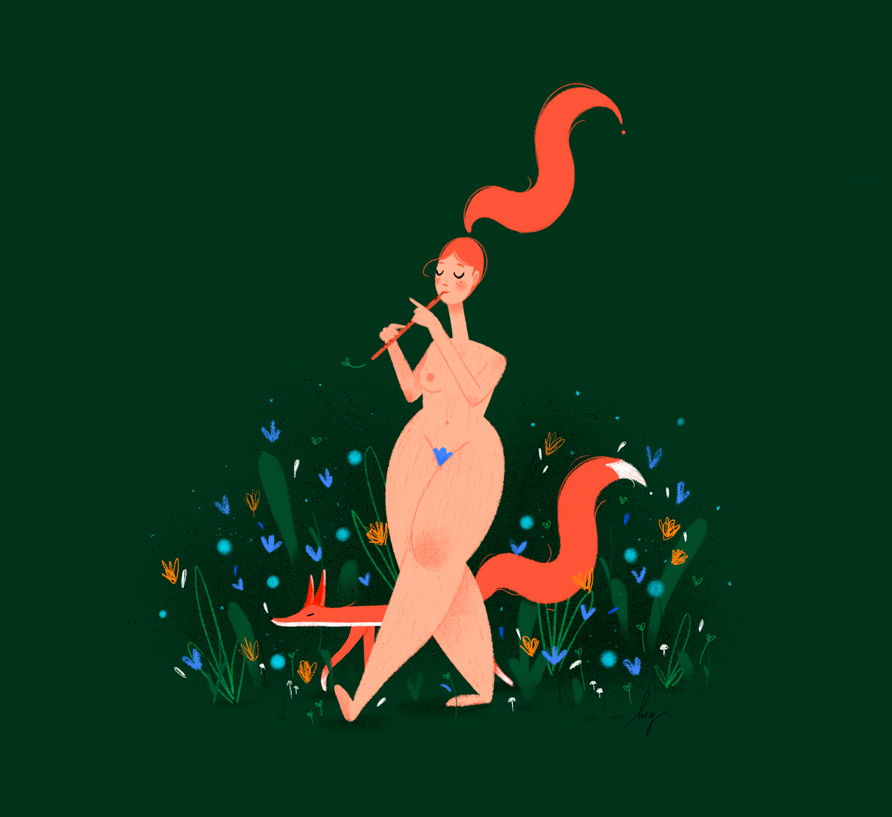 Poetic illustration of a woman and a fox walking in the flowers. Design by Meg Chikhani