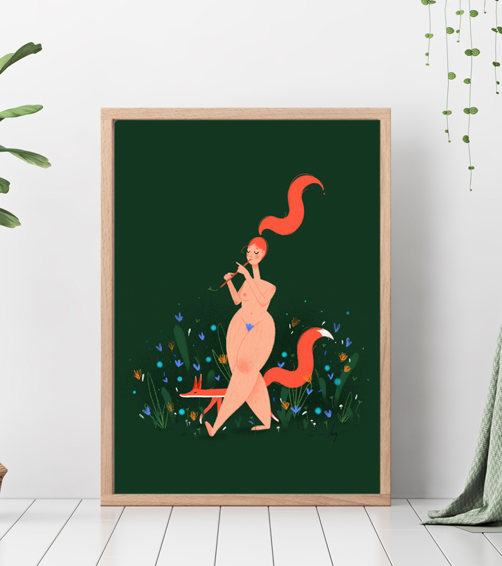 A framed print of the poetic illustration "Ballade". A woman and a fox walk in a field of flower. Design by Meg Chikhani