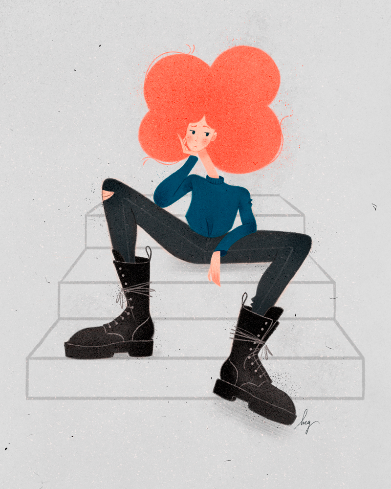 Dessin de mode. L'illustration représente une femme avec des chaussures extravagantes. Par Meg Chikhani