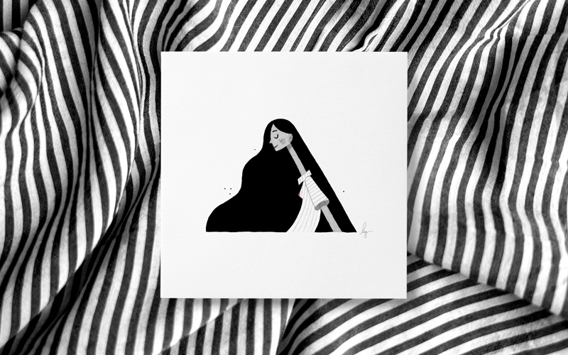 Illustration de mode d'une femme avec une chemise rayée. Le dessin est réalisé à l'encre. Par Meg Chikhani