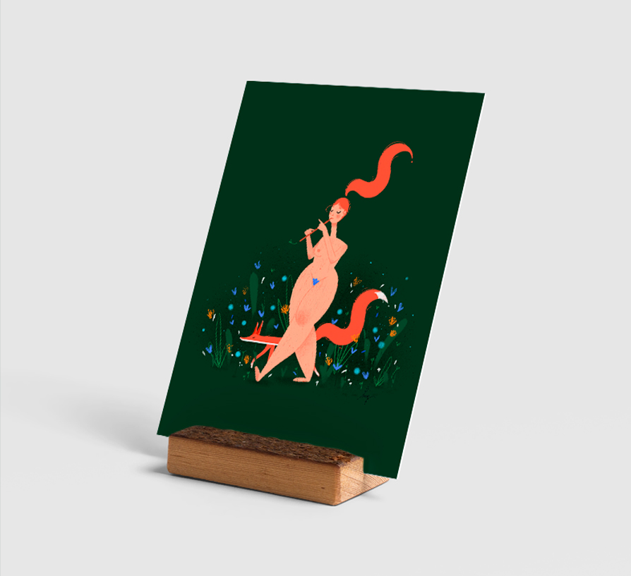 Une impression sur carte postale de l'illustration "Ballade". On y voit un renard et une femme qui marchent dans la nature. Par Meg Chikhani