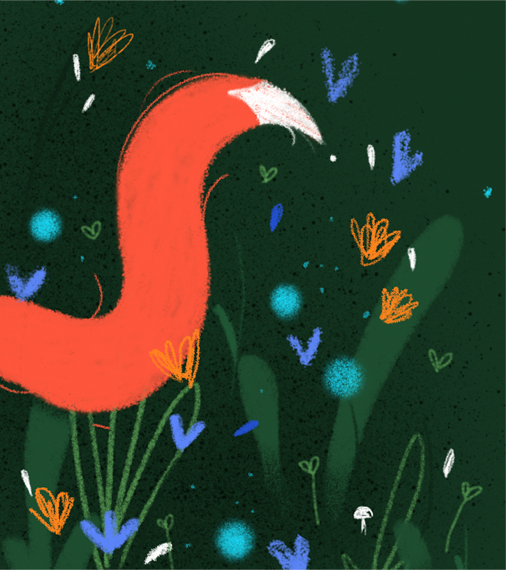 Détail de l'illustration"Ballade". Nous voyons un renard qui marche tranquillement dans les fleurs, dans une ambiance poétique. Par Meg Chikhani