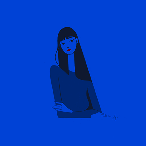 Illustration minimaliste et personnage d'une femme avec un chewing gum. Les couleurs sont simple et vives: seulement des teintes de bleu et rose. Par Meg Chikhani
