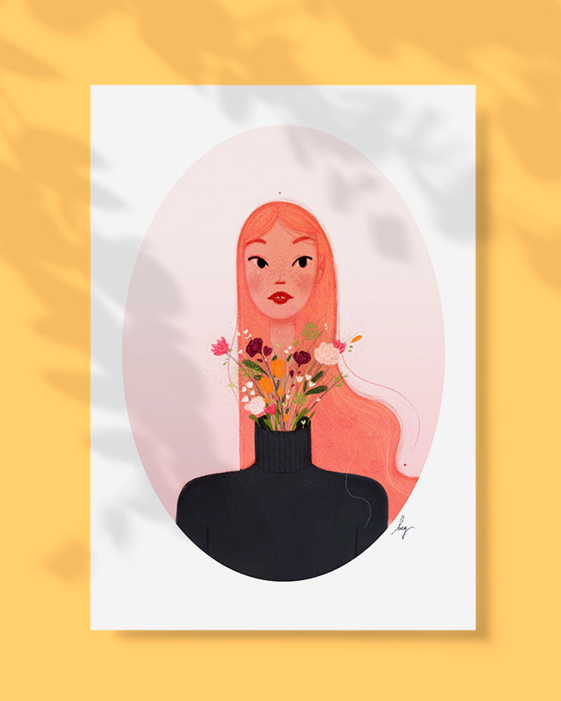 Portrait illustration and character design on spring and hay fever. A bouquet of flowers grows in the sweater of a woman. By Meg Chikhani