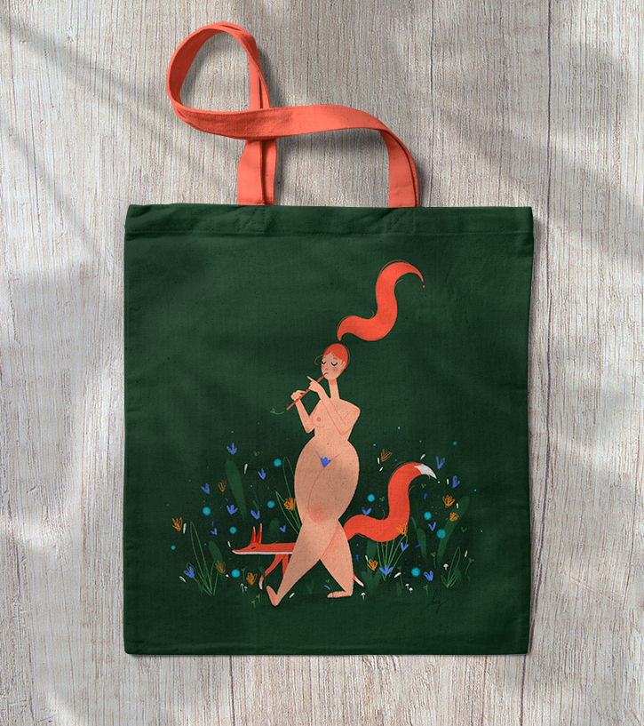 A tote bag with the "Ballade" illustration. A woman and a fox walk in the nature peacefully. By Meg Chikhani